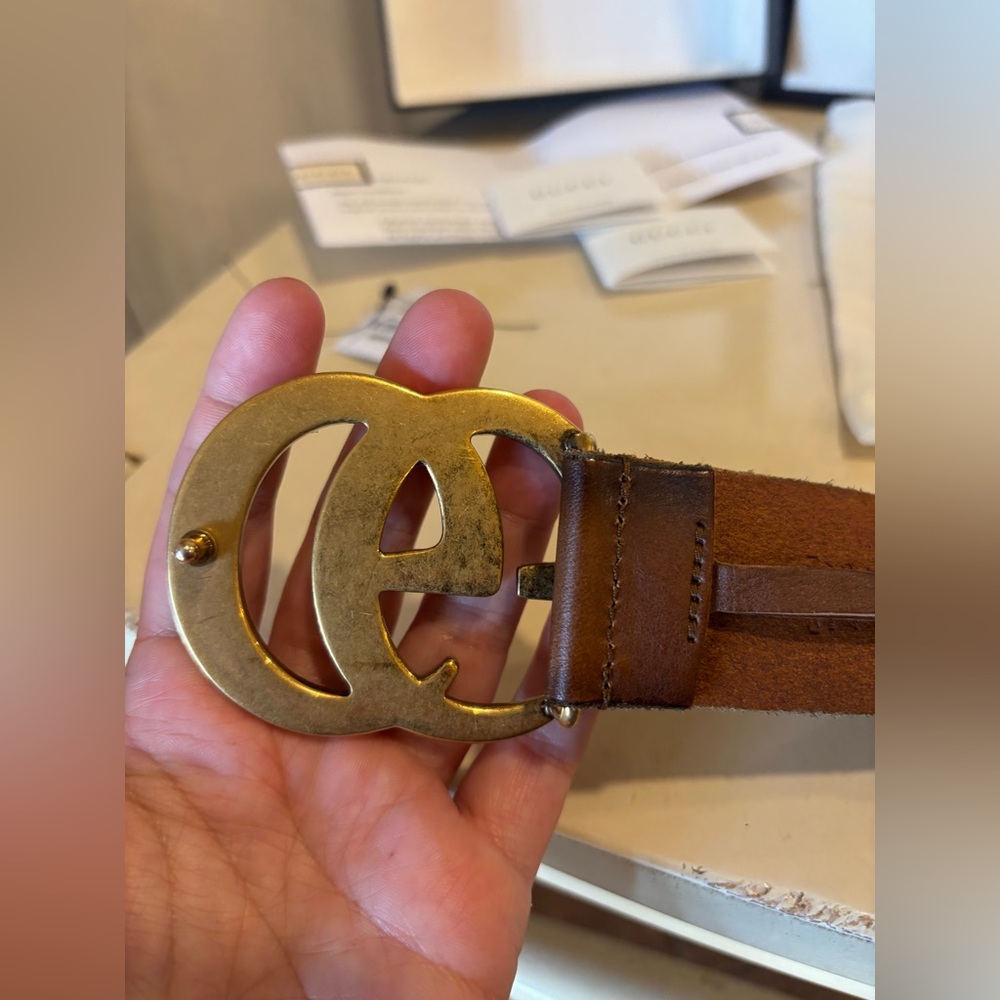Gucci Double G Brown Leather Belt Size 80/32 Made in Italy Authentic - Picture 3 of 6